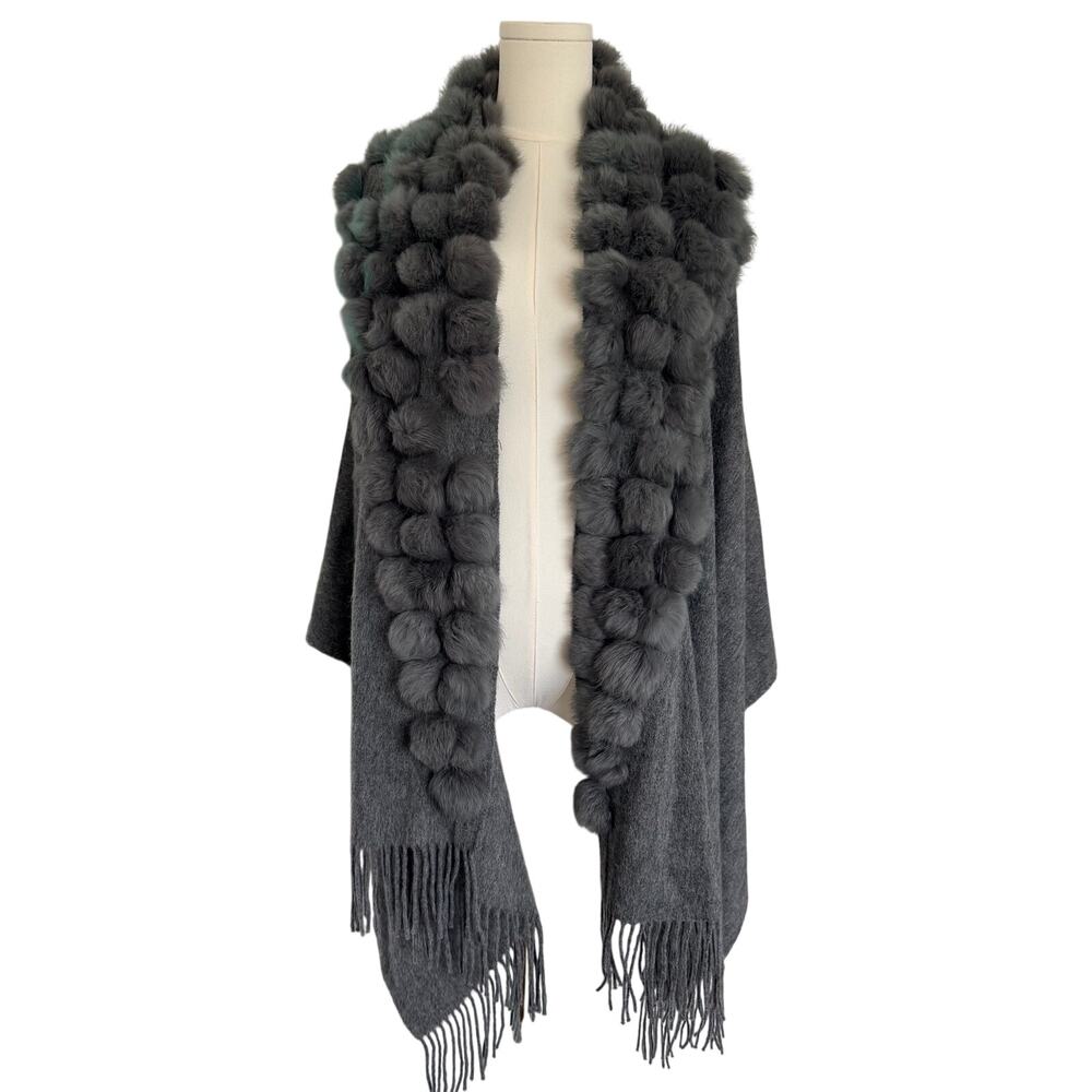Erik Garthus OS Wool Rabbit Fur Pom Pom Shawl Wrap Gray Fringe Scandinavian
